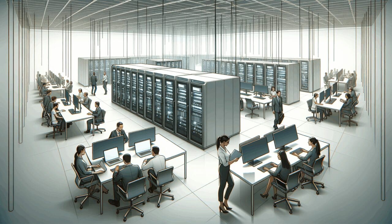 Oficinas modernas con servidores, pantallas y personas colaborando en un entorno tecnológico.