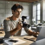 Fotografía de un joven grabando un curso en línea frente a una laptop y cámara en un espacio moderno con luz natural.