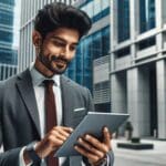 Un joven empresario revisando datos en una tablet frente a edificios modernos.