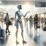 Ilustración de un robot-avatar moderno conversando con viajeros en un entorno urbano luminoso.