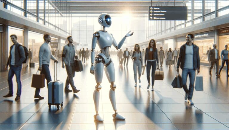 Ilustración de un robot-avatar moderno conversando con viajeros en un entorno urbano luminoso.