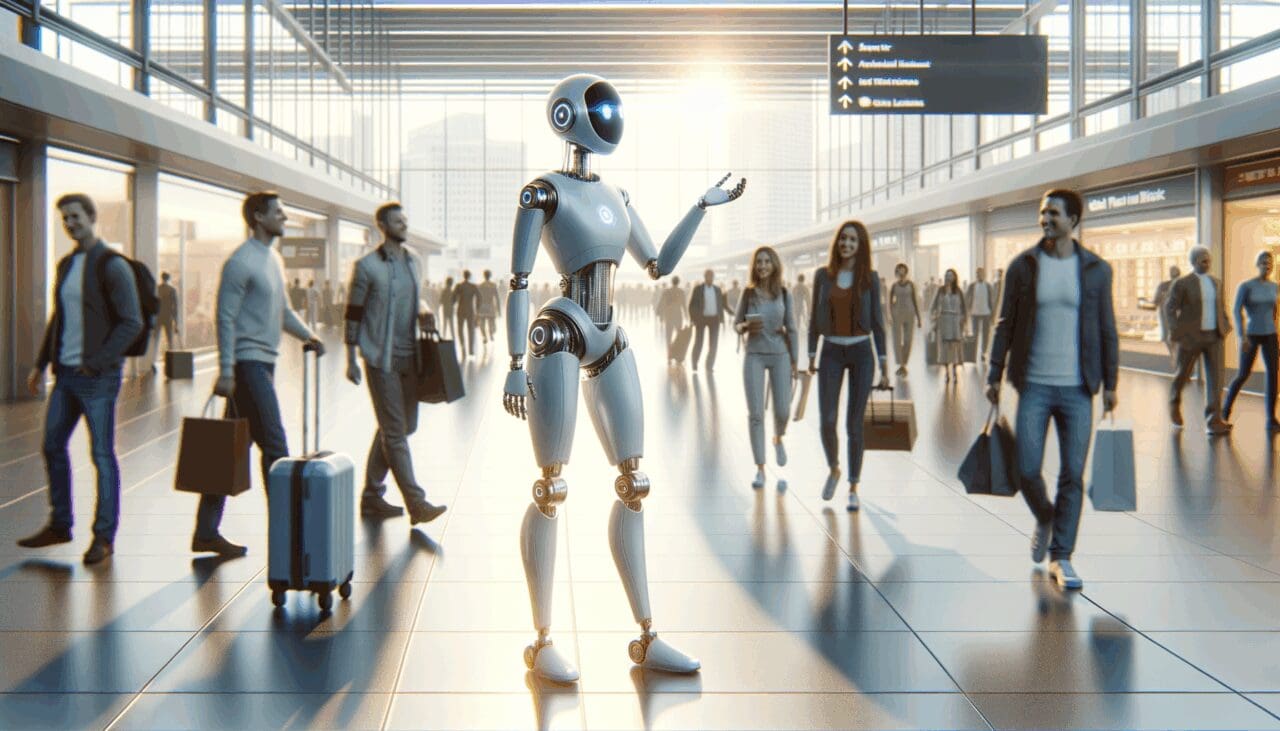 Ilustración de un robot-avatar moderno conversando con viajeros en un entorno urbano luminoso.