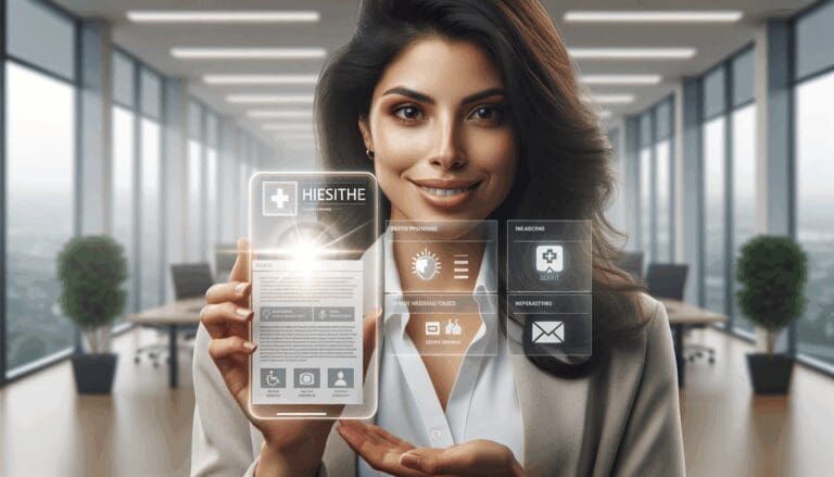 Retrato de una emprendedora presentando una aplicación de salud digital en un ambiente moderno y luminoso