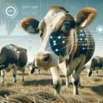 Primer plano de vacas en un campo, con sensores y gráficos digitales superpuestos.