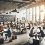 Sala amplia y luminosa con jóvenes emprendedores trabajando en laptops y pizarras, ambiente colaborativo y tecnológico.