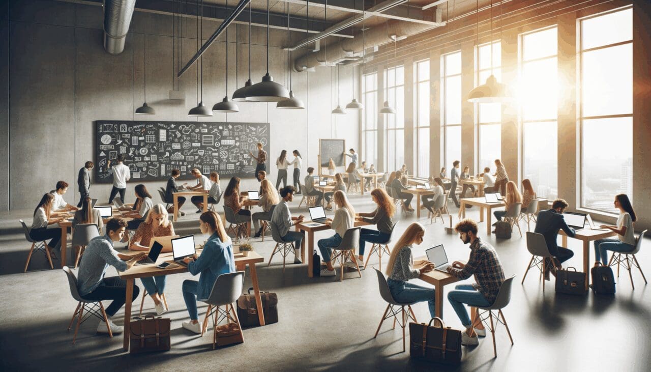 Sala amplia y luminosa con jóvenes emprendedores trabajando en laptops y pizarras, ambiente colaborativo y tecnológico.