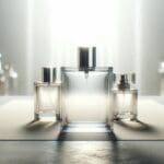 Primer plano de frascos transparentes de perfume sobre una mesa, fondo desenfocado, luz natural suave.