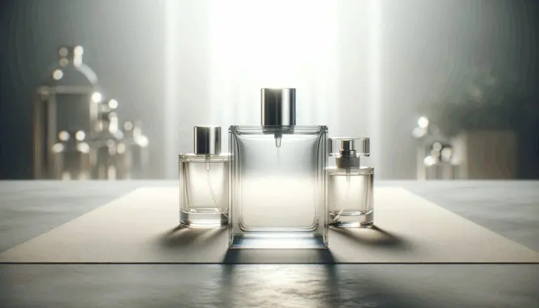 Primer plano de frascos transparentes de perfume sobre una mesa, fondo desenfocado, luz natural suave.