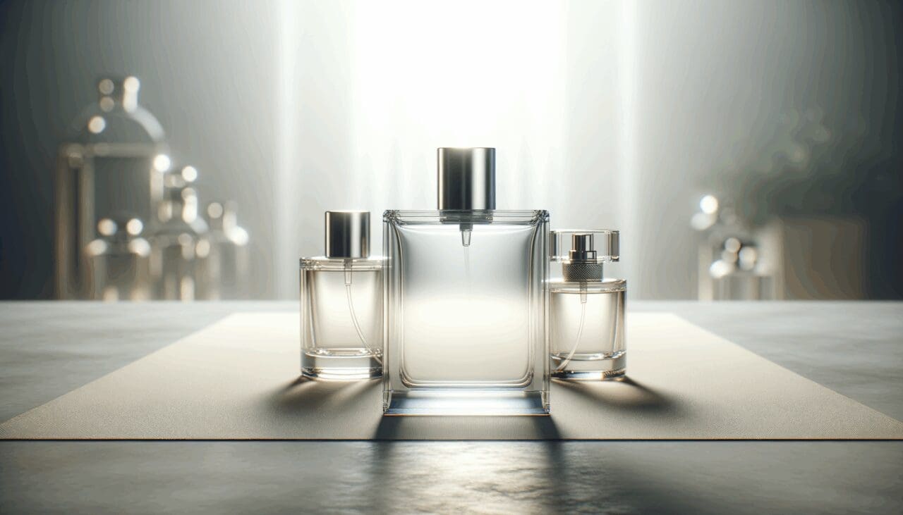 Primer plano de frascos transparentes de perfume sobre una mesa, fondo desenfocado, luz natural suave.