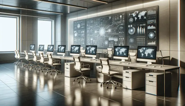 Oficina moderna con computadores y paneles tecnológicos, ambiente de startup tecnológica.