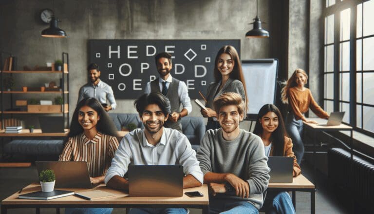 Jóvenes emprendedores trabajando en un espacio de coworking moderno con laptops y pizarras digitales.