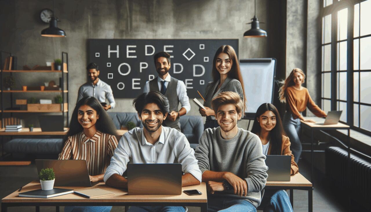 Jóvenes emprendedores trabajando en un espacio de coworking moderno con laptops y pizarras digitales.