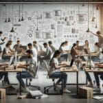 Un equipo diverso de desarrolladores trabajando en un espacio moderno de coworking, rodeados de pizarras y laptops.