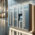 Primer plano de un casillero automatizado en un espacio urbano moderno, con luces LED y fondo desenfocado.