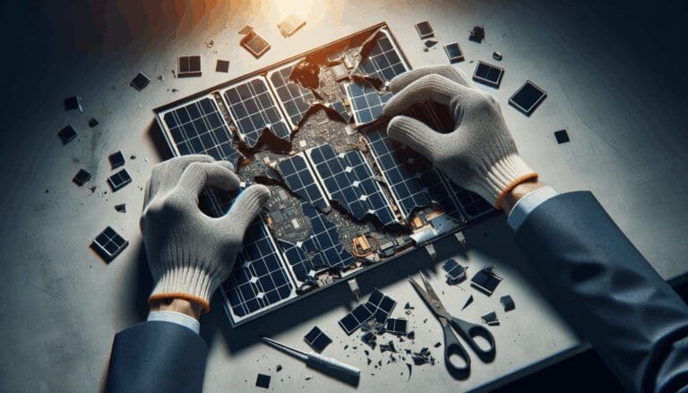 Primer plano de manos técnicas desmontando panel solar obsoleto en un laboratorio moderno de reciclaje.