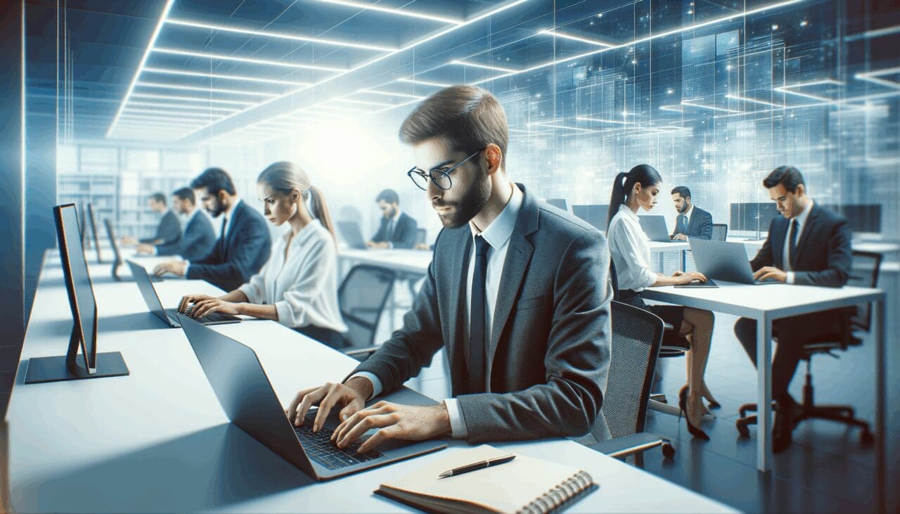 Personas trabajando en laptops en una oficina moderna con fondo tecnológico borroso.