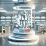 Primer plano de un laboratorio moderno con tubos de ensayo y un robot médico, ambiente limpio y futurista.