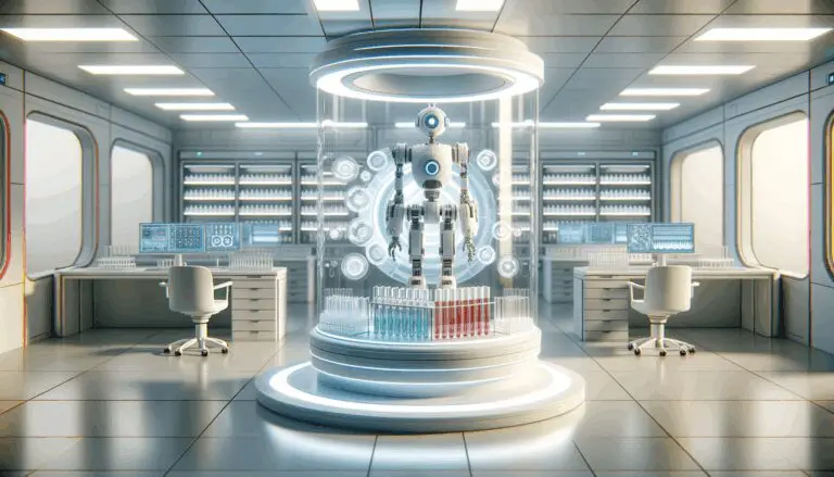 Primer plano de un laboratorio moderno con tubos de ensayo y un robot médico, ambiente limpio y futurista.