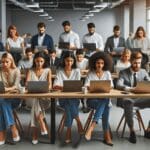 Grupo diverso de jóvenes emprendedores trabajando en laptops dentro de una moderna oficina tecnológica.