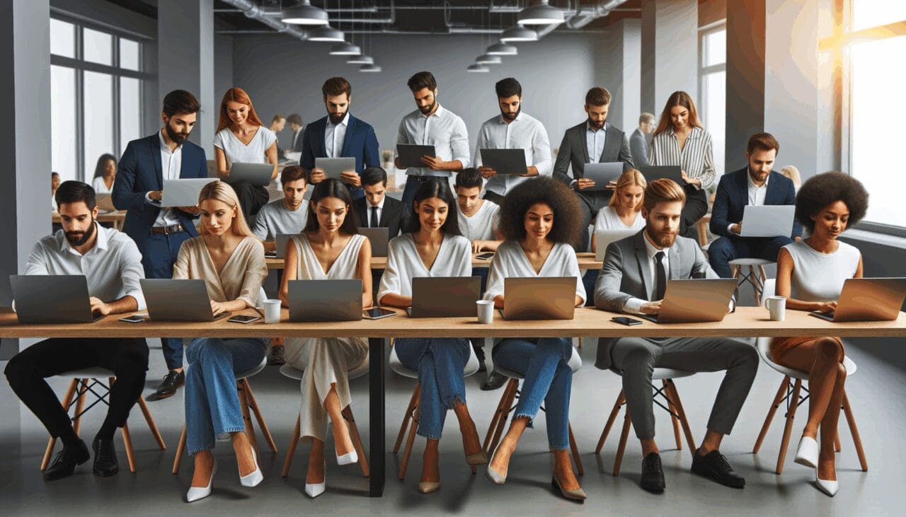 Grupo diverso de jóvenes emprendedores trabajando en laptops dentro de una moderna oficina tecnológica.
