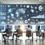 Oficina moderna con emprendedores trabajando frente a pantallas de datos y gráficos, ambiente colaborativo y tecnológico.