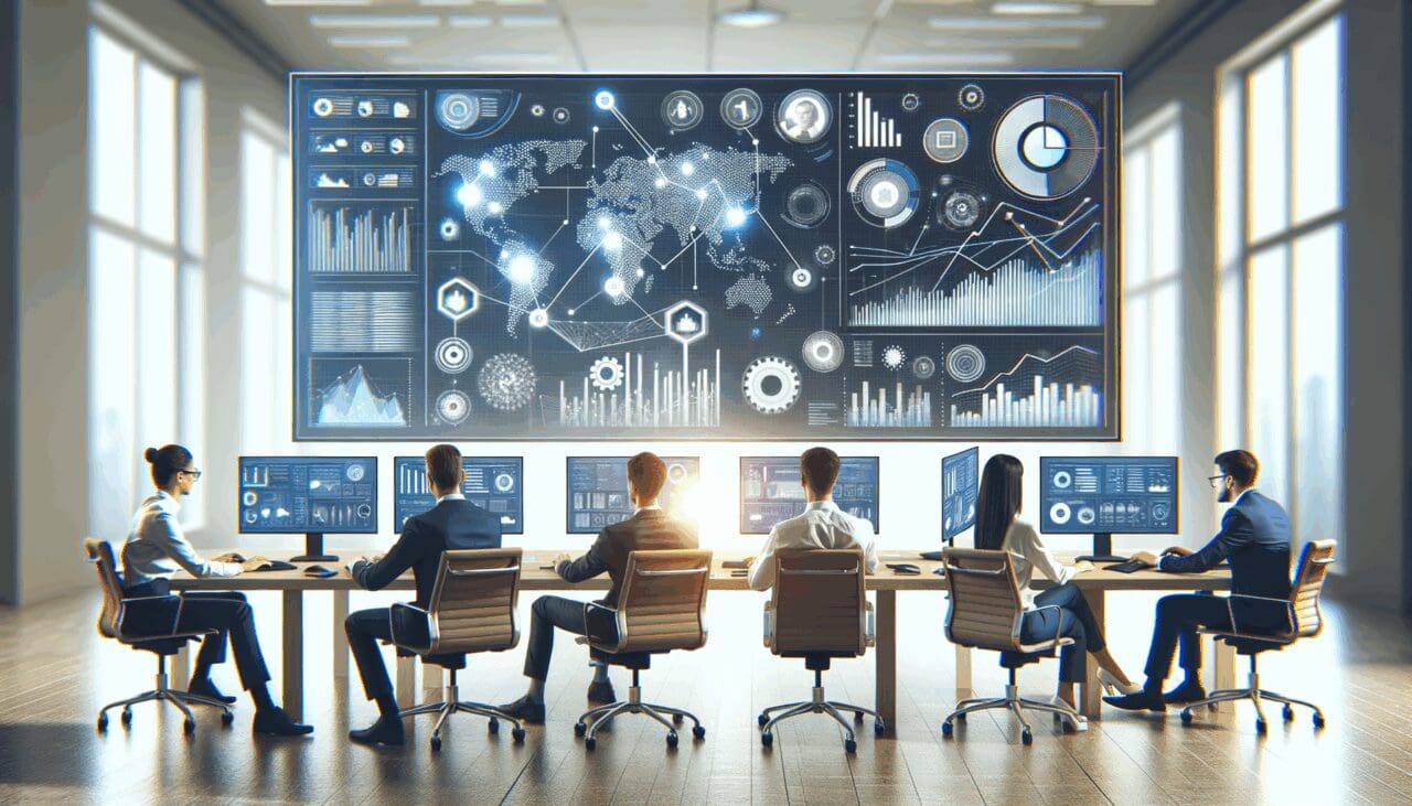 Oficina moderna con emprendedores trabajando frente a pantallas de datos y gráficos, ambiente colaborativo y tecnológico.