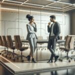 Dos emprendedores conversando en una sala de conferencias tecnológica, fondo minimalista y futurista.