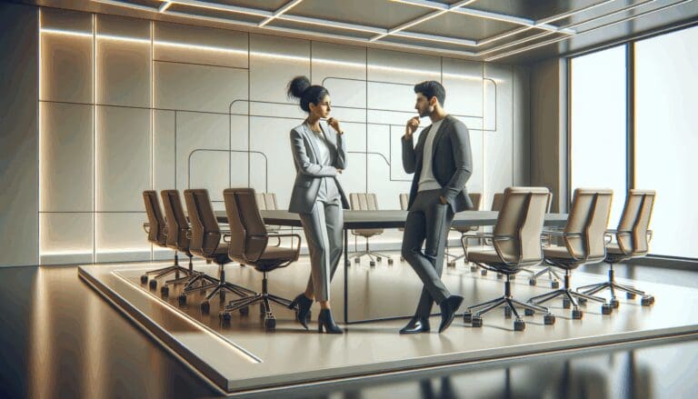 Dos emprendedores conversando en una sala de conferencias tecnológica, fondo minimalista y futurista.