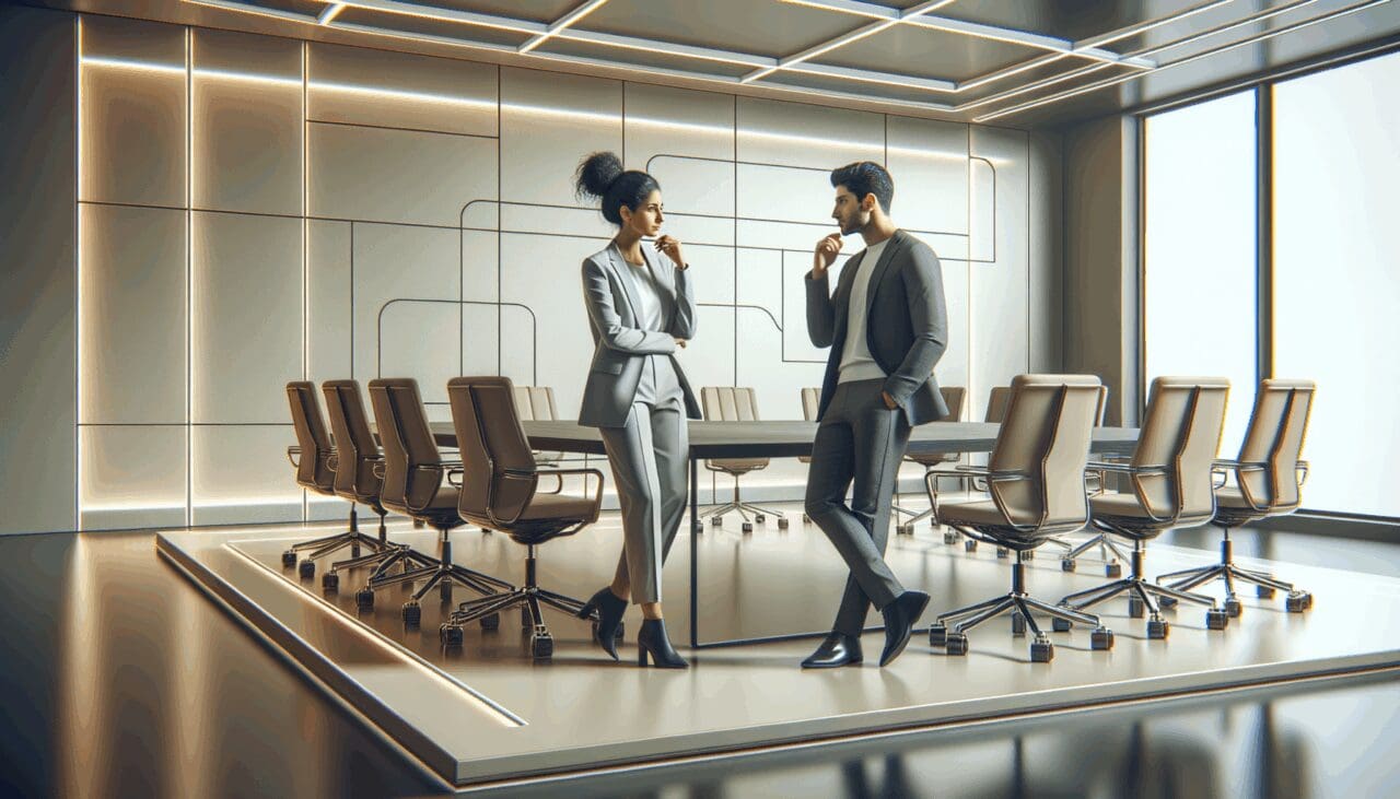 Dos emprendedores conversando en una sala de conferencias tecnológica, fondo minimalista y futurista.