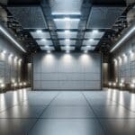 Espacio subterráneo moderno con paneles tecnológicos instalados en paredes y techo, iluminación tenue y ambiente innovador.