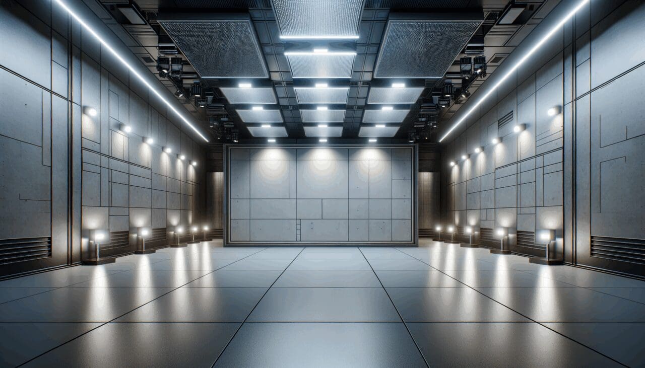 Espacio subterráneo moderno con paneles tecnológicos instalados en paredes y techo, iluminación tenue y ambiente innovador.