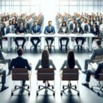 Panel de inversionistas evaluando a emprendedores en un evento tecnológico, ambiente moderno e internacional.