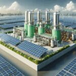 Reactores solares capturando energía en una planta de hidrógeno verde