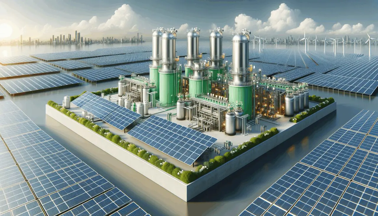 Reactores solares capturando energía en una planta de hidrógeno verde