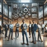 Emprendedores reunidos en un moderno espacio de coworking rodeados de elementos industriales y tecnológicos.