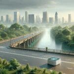Sensor inteligente sobre un puente de río con vegetación y ciudad al fondo, luz natural.