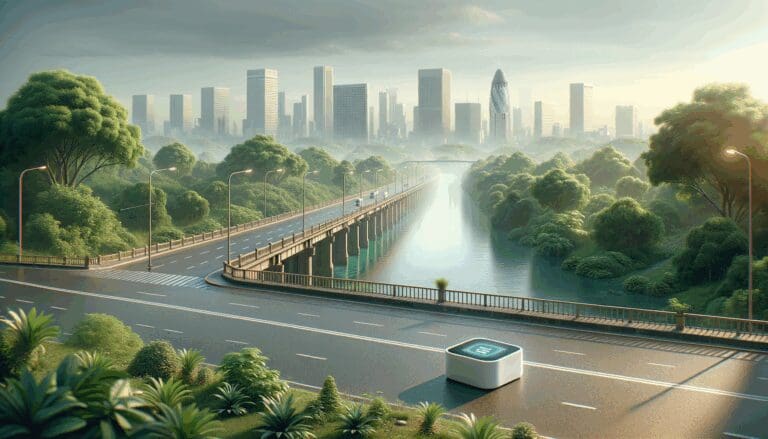 Sensor inteligente sobre un puente de río con vegetación y ciudad al fondo, luz natural.