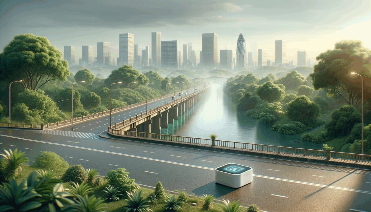 Sensor inteligente sobre un puente de río con vegetación y ciudad al fondo, luz natural.