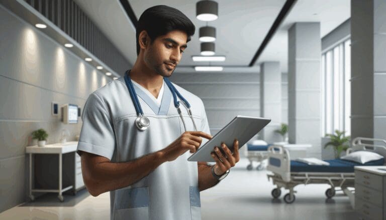 Un trabajador de healthcare usando una tableta en un entorno moderno de hospital.