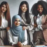 Retrato de un equipo diverso de mujeres emprendedoras colaborando en una oficina moderna.