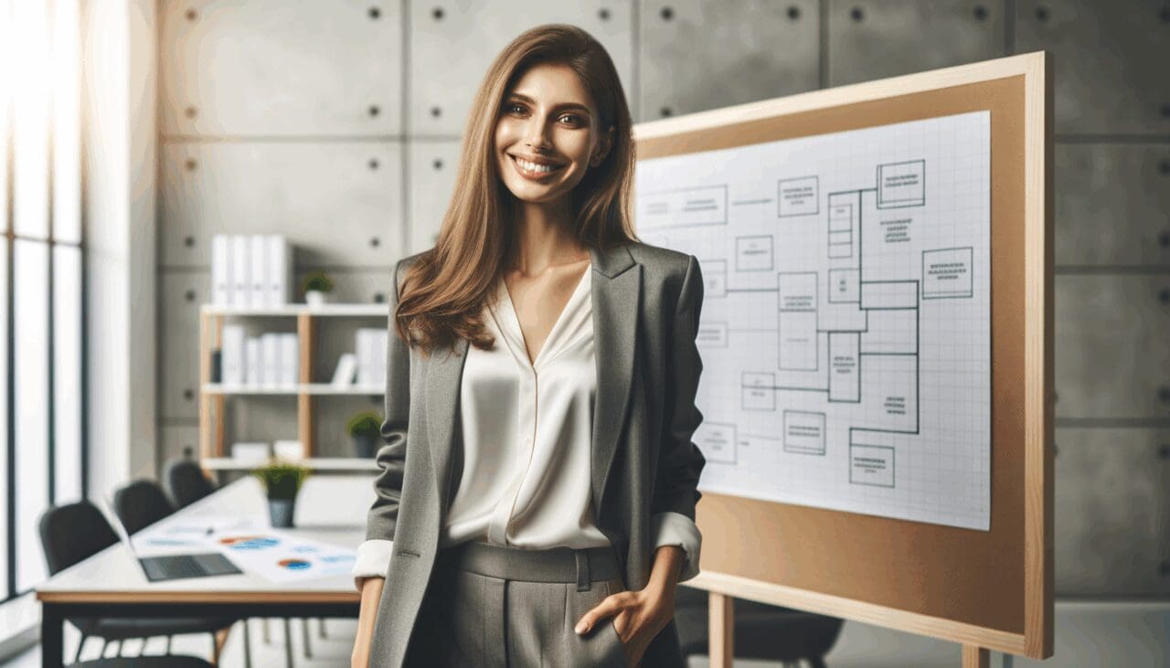 Retrato de una emprendedora sonriente frente a un tablero de planificación en una oficina moderna