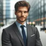 Retrato profesional de un emprendedor en un entorno urbano moderno, con fondo desenfocado.