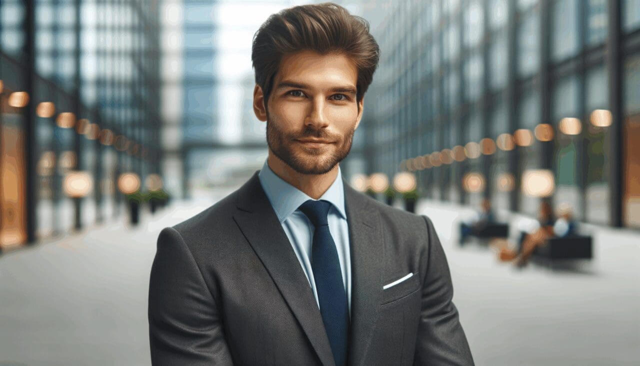 Retrato profesional de un emprendedor en un entorno urbano moderno, con fondo desenfocado.