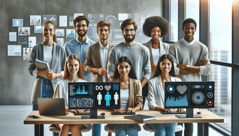 Equipo multicultural de jóvenes emprendedores trabajando en una sala moderna con pantallas mostrando datos de salud e inteligencia artificial.