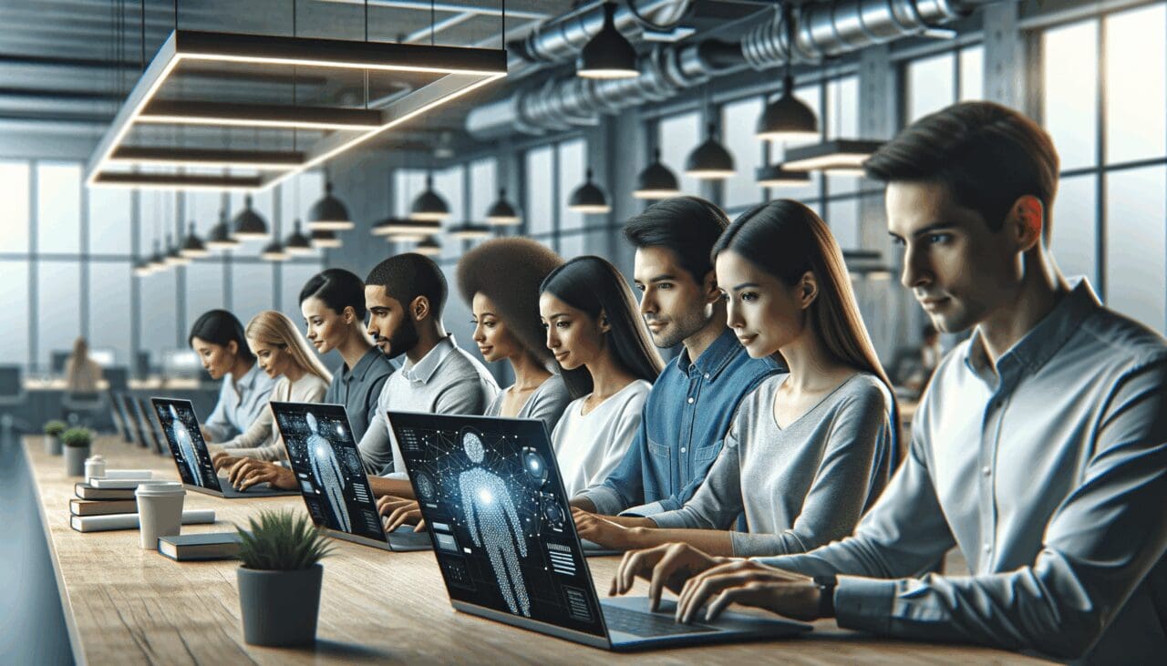 Primer plano de jóvenes en coworking, laptops con gráficos de IA, ambiente moderno y tecnológico.