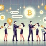 Ilustración minimalista de empleados recibiendo pagos digitales en una oficina moderna, con símbolos de criptomonedas y tecnología.