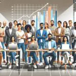 Ilustración de un grupo multicultural de emprendedores reunidos en un espacio de coworking moderno, con pantallas digitales y gráficos de crecimiento.