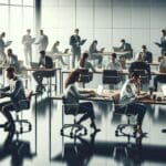 Sala de conferencias moderna con emprendedores y expertos en tecnología colaborando en laptops.