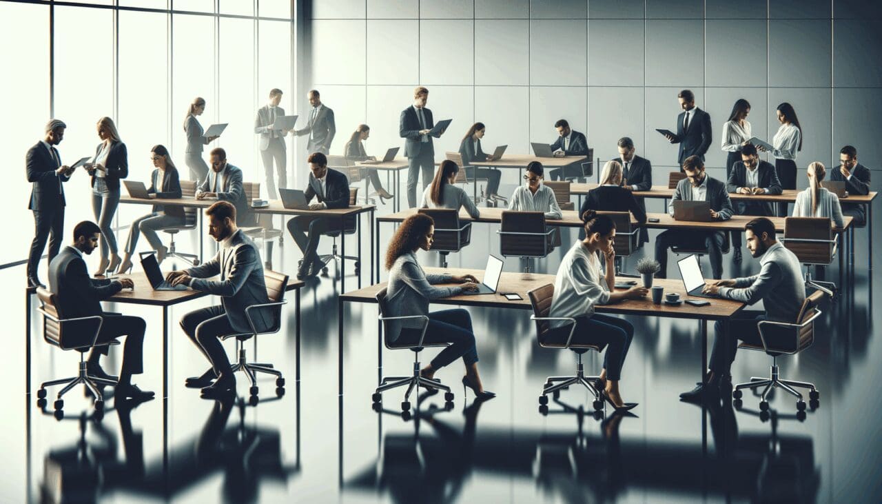 Sala de conferencias moderna con emprendedores y expertos en tecnología colaborando en laptops.