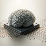 Primer plano de un microchip conectado a un cerebro artificial sobre fondo neutro, estilo tecnológico minimalista.
